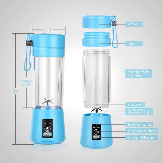6-Blade Portable Juicer Bottle - Compact and Rechargeable Personal Blender Bottle for Travel, Smoothies, and Juices, Battery-Operated Mini Blender with Juice Extractor Function.